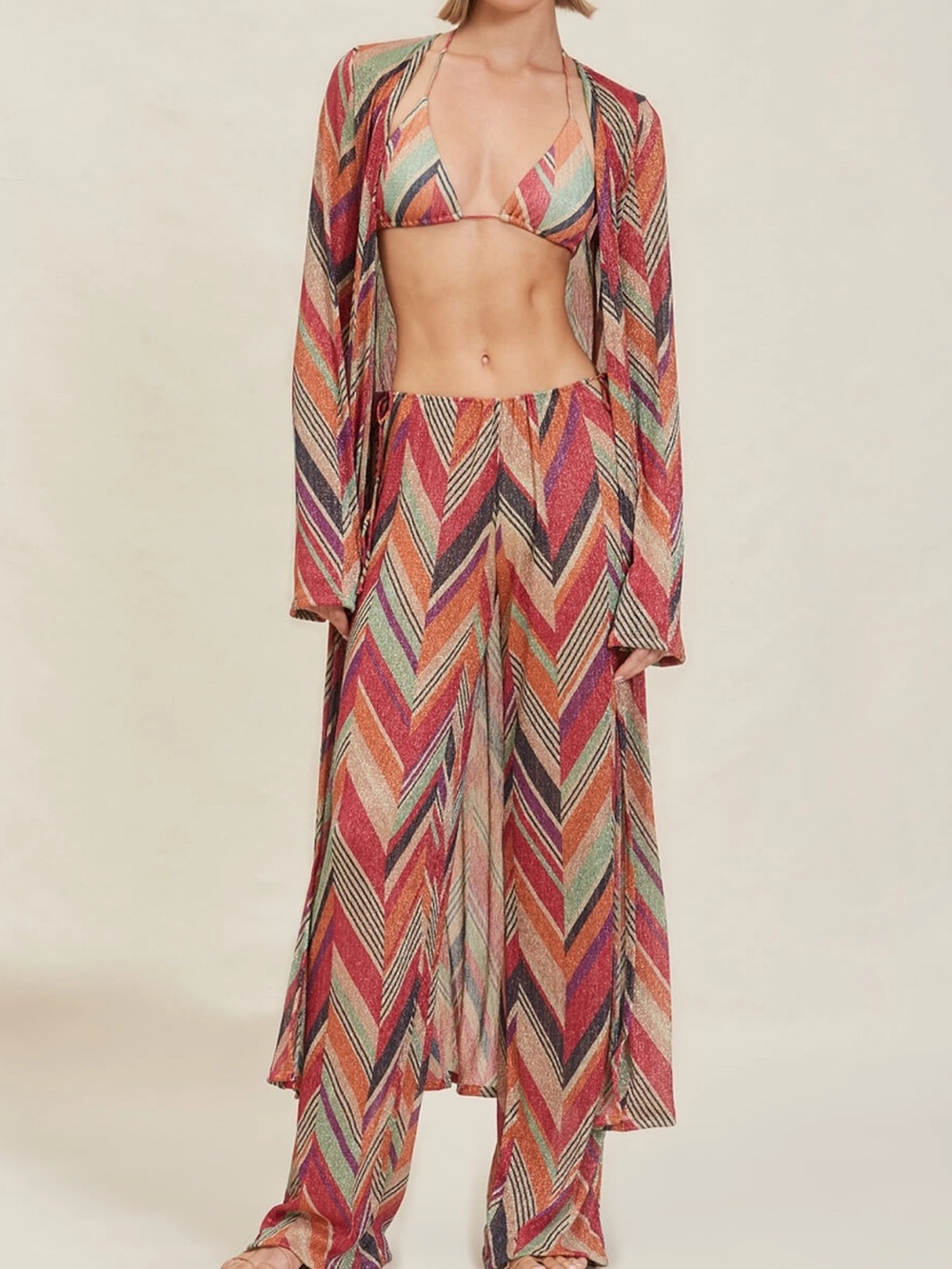 Multicolor Chevron Bikini Top & Wide-Leg Cover Set - Women Swim